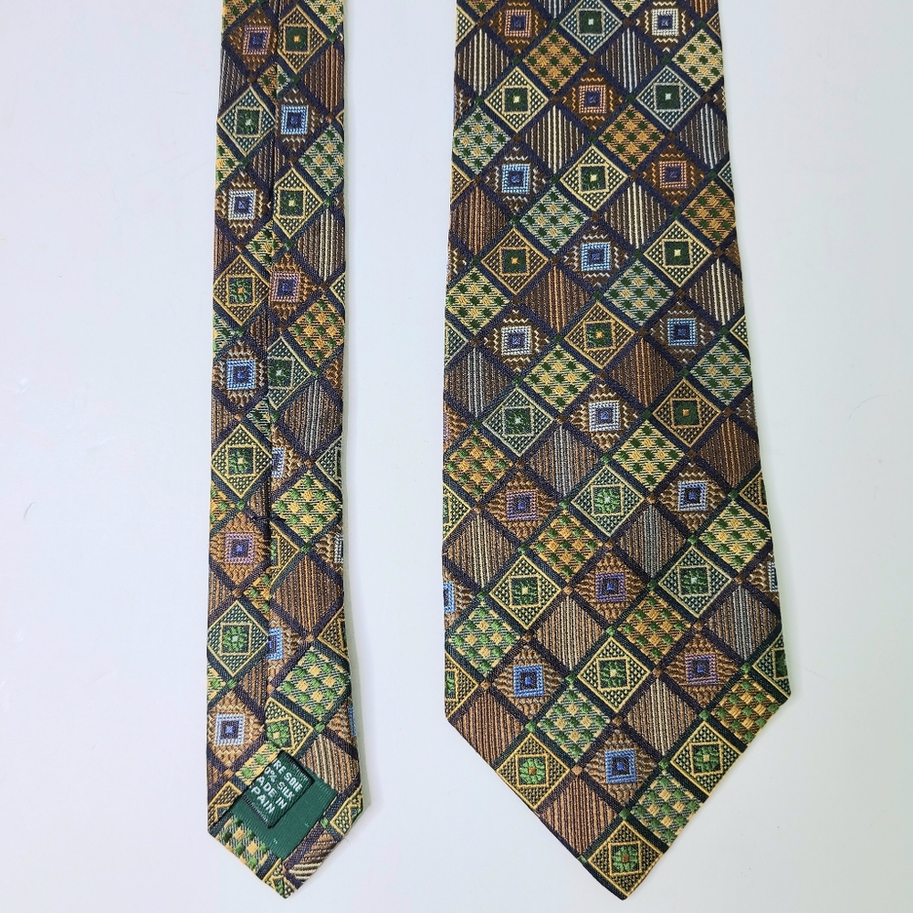 Rochas Paris Green Brown Checkered Graphic Print Woven Silk Tie - Picture 5 of 8